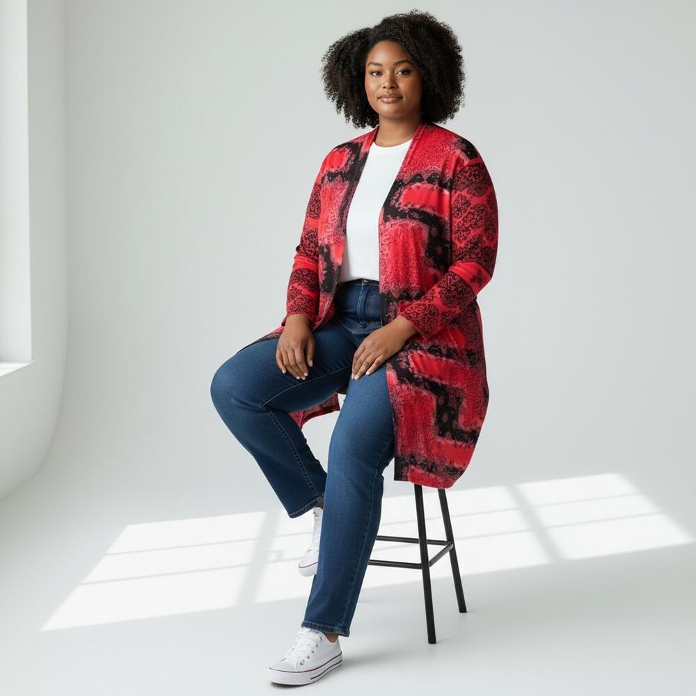 Coldwater Creek Red Black Open Kimono Jacket Top Lightweight Size 2X